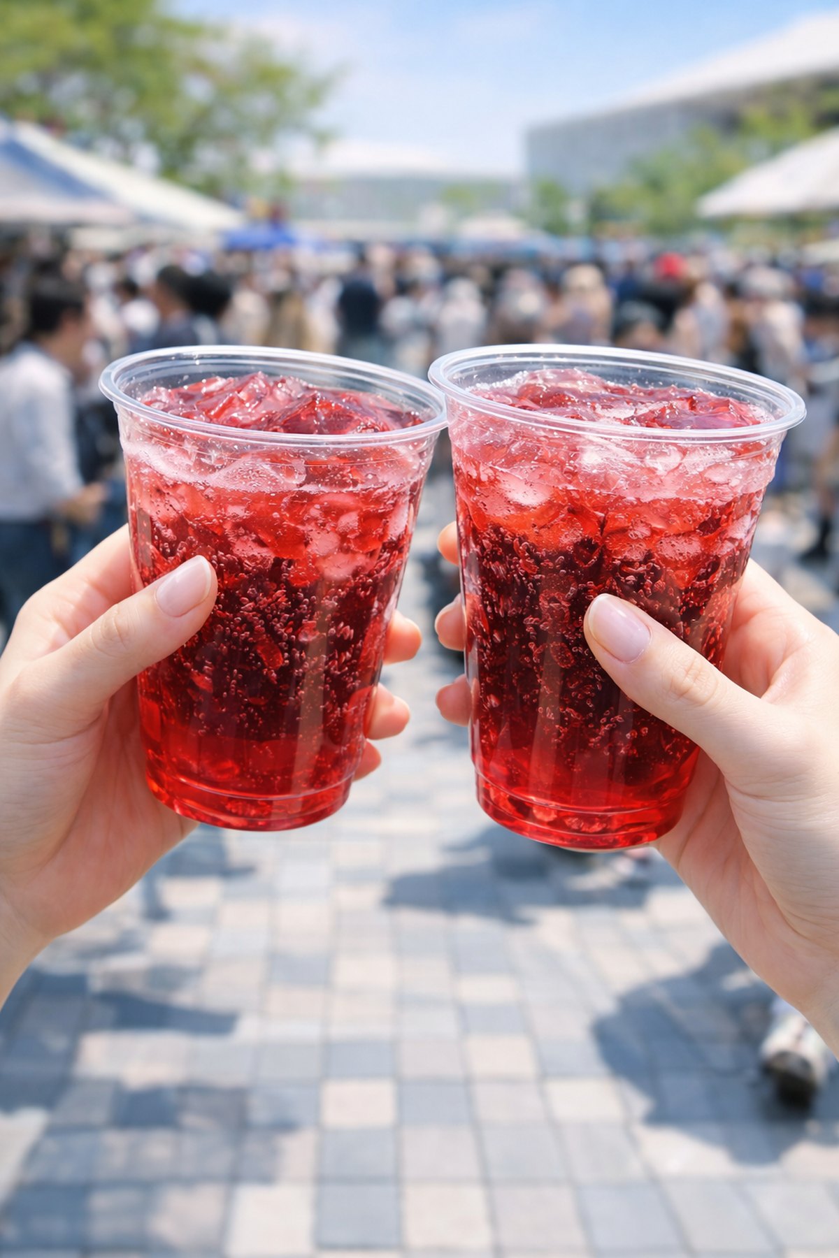 大阪関西万博2025の会場で、赤いさんざしソーダで乾杯する2杯のカップ